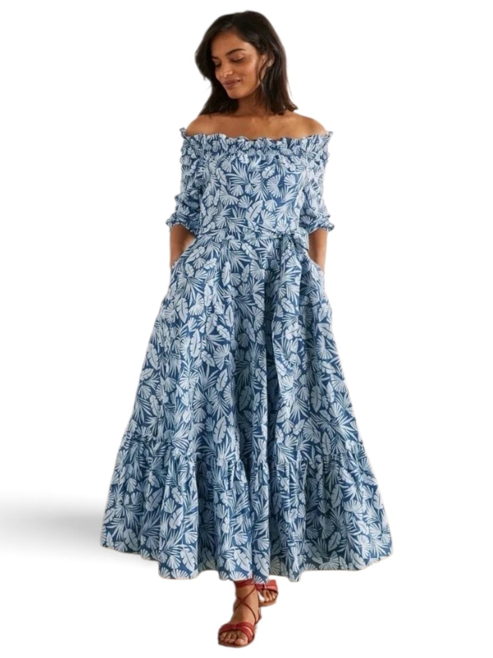 Boden Blue Leaf-Print Off-Shoulder Maxi Dress